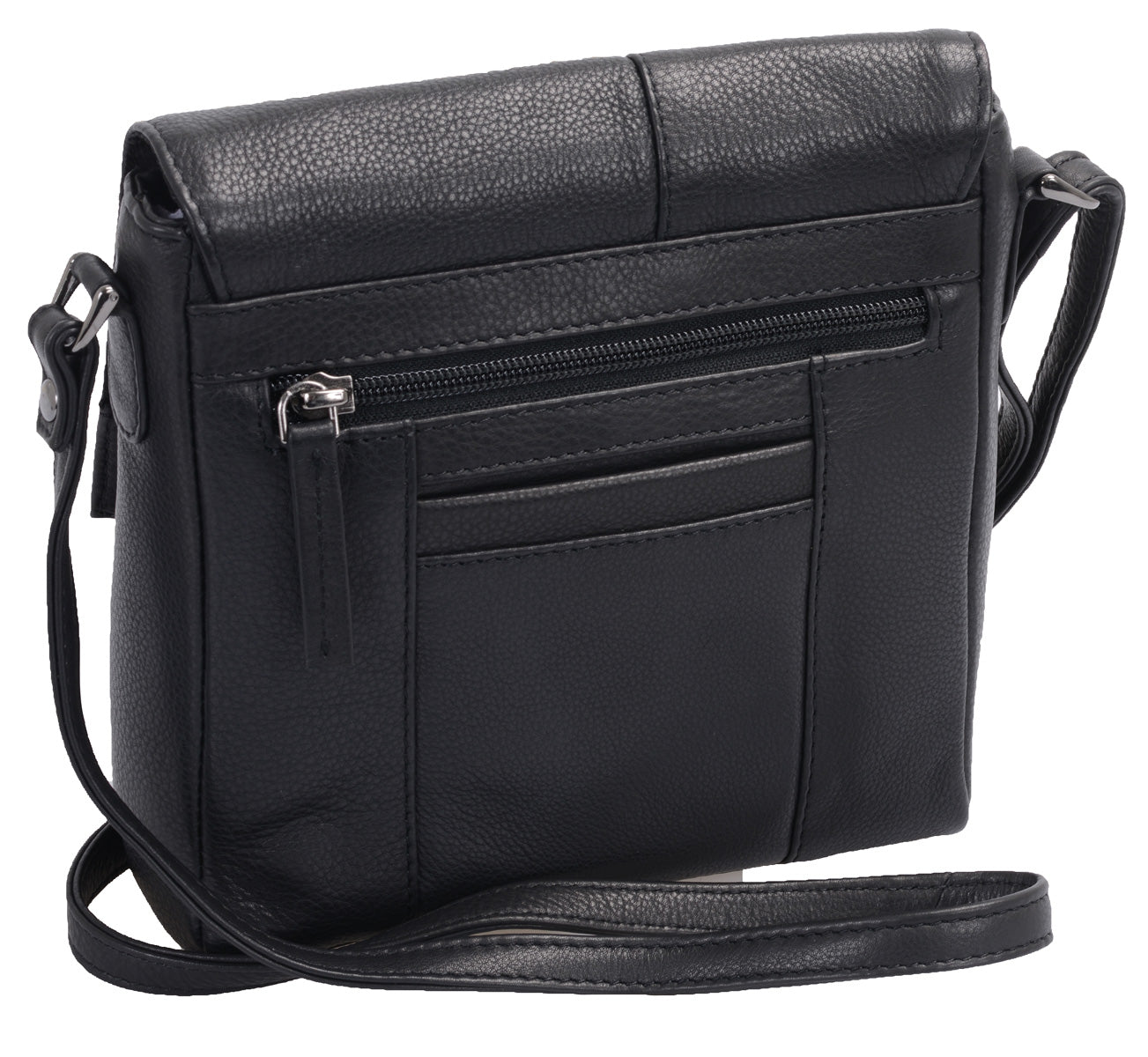 Kleine Leder Schultertasche schwarz mit Klappe und Metallapplikation