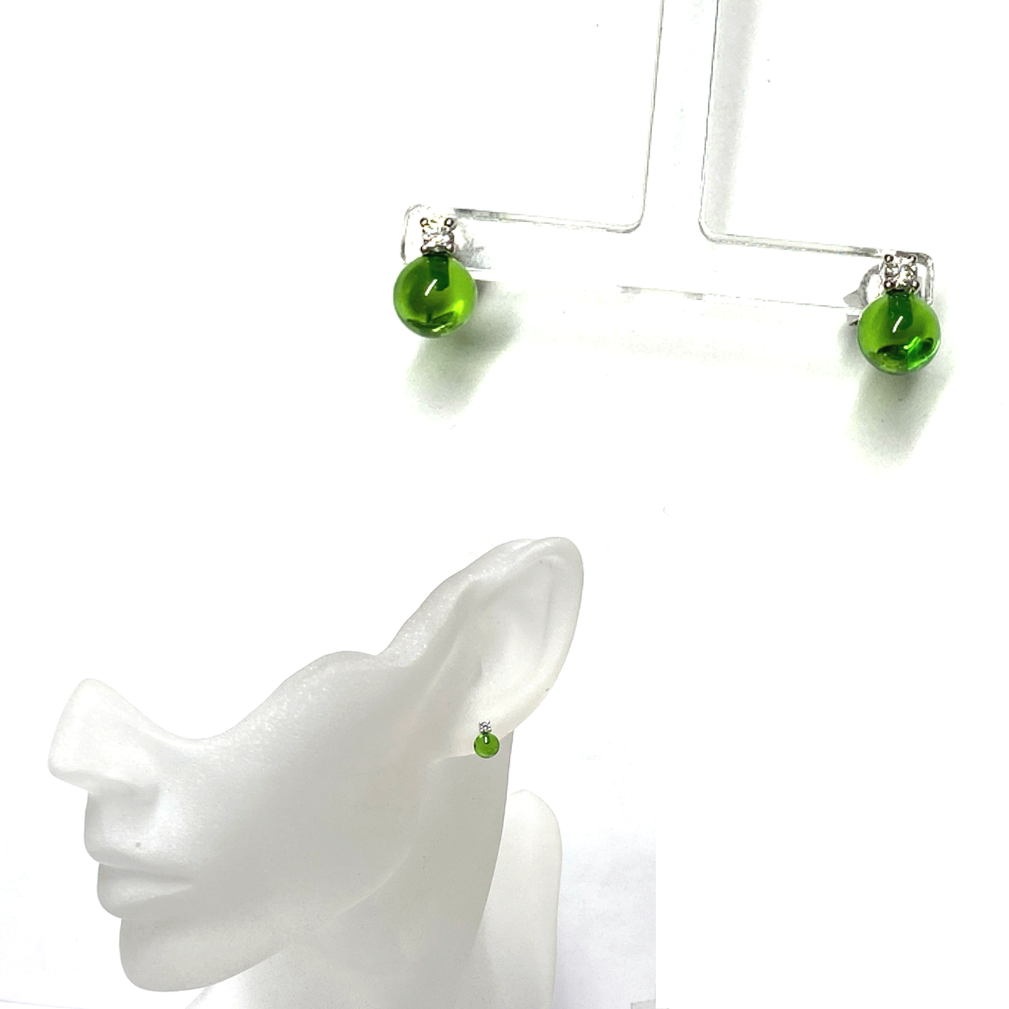 Ohrstecker 925 Silber rhodiniert Bernstein grün (karibischer Bernstein) Kugel Zirkonia Ohrring