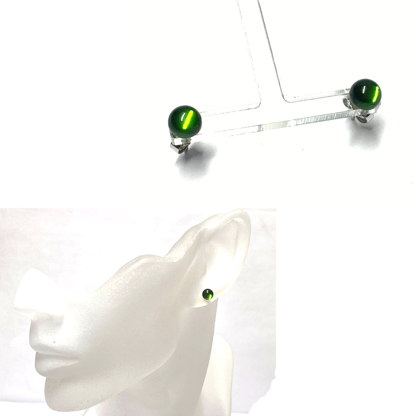 Ohrstecker 925 Silber Bernstein grün (karaibischer Bernstein) Cabochon rund 6mm Klassiker