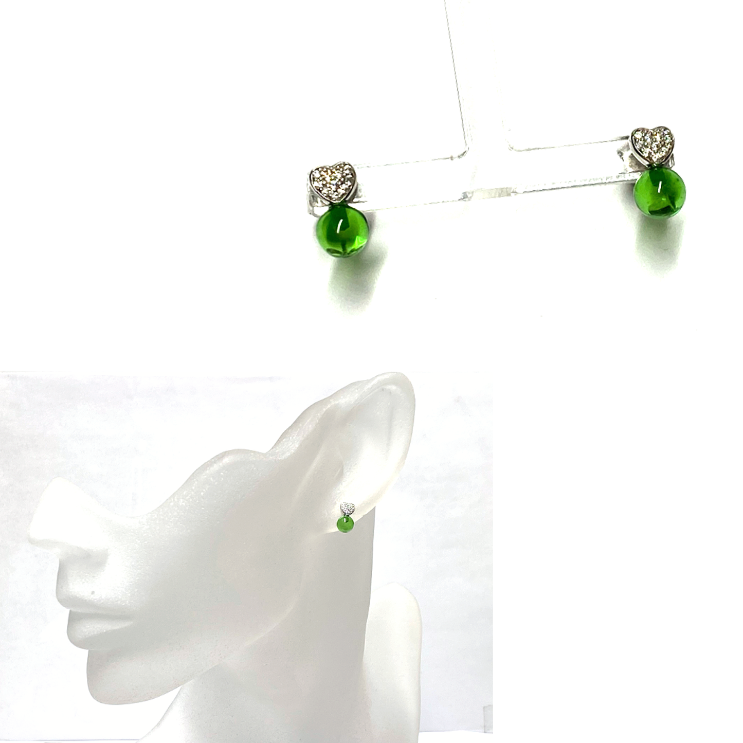 Ohrstecker 925 Silber rhodiniert Bernstein grün (karibischer Bernstein) Kugel 5,5mm Zirkonia Herz Ohrring
