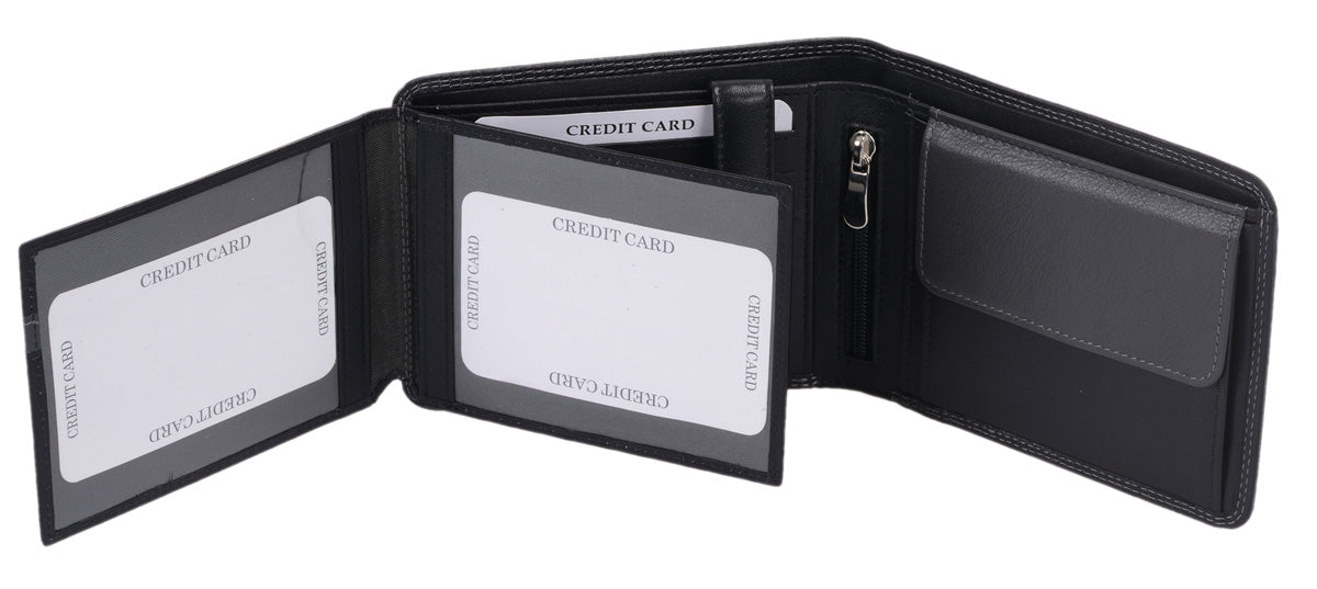 Herrenbörse Herren Geldbörse Leder querformat, schwarz/grau 12,5x9,5x2,5cm