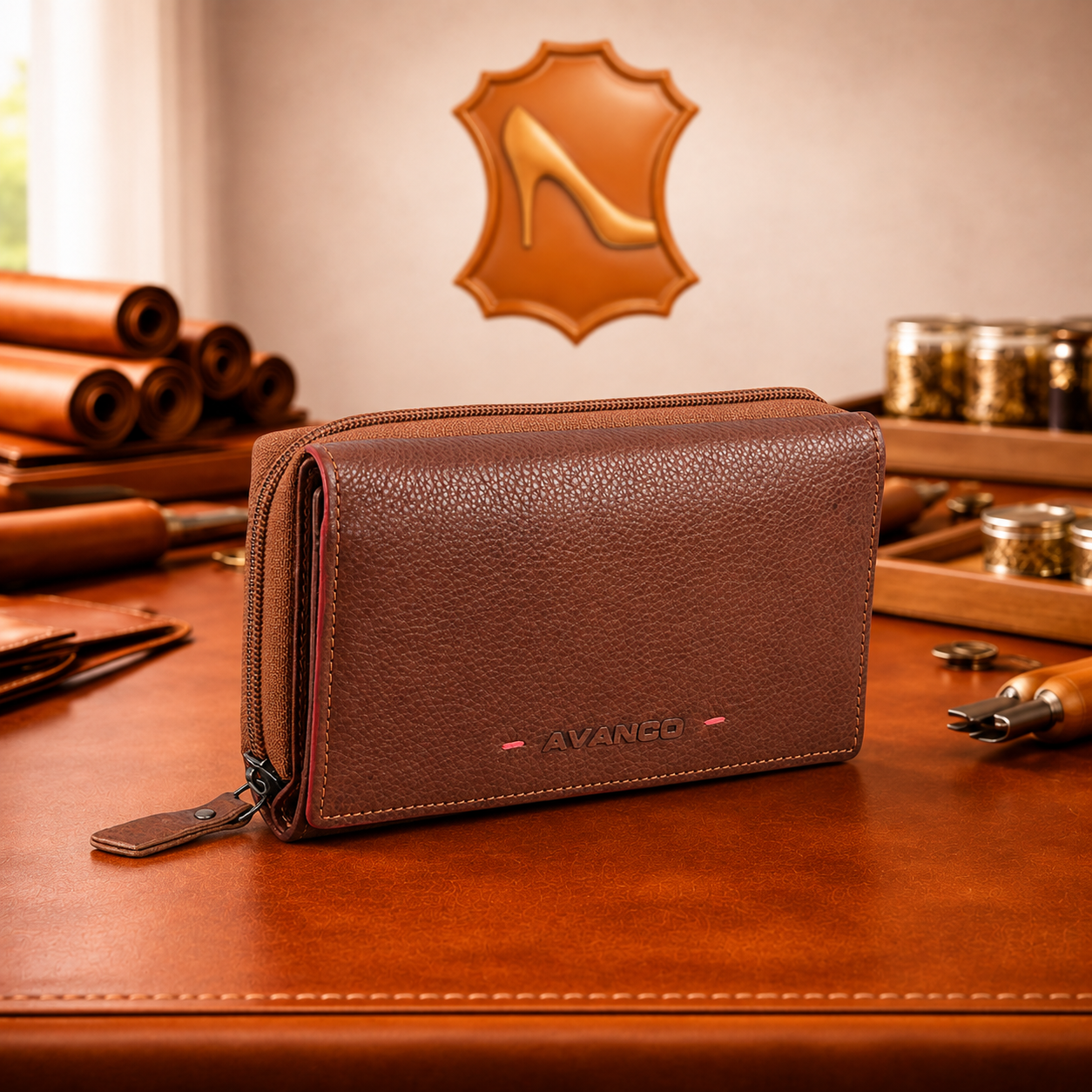 Leder Damenlangbörse cognac-rot
