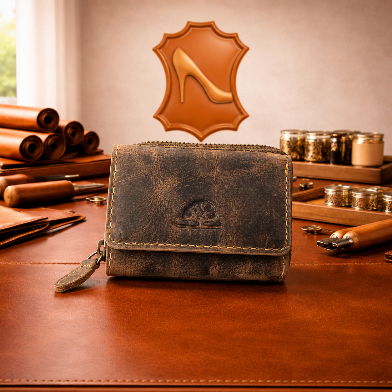 kleine Vintage Lederbörse Reiverschluss Geldbörse Leder braun