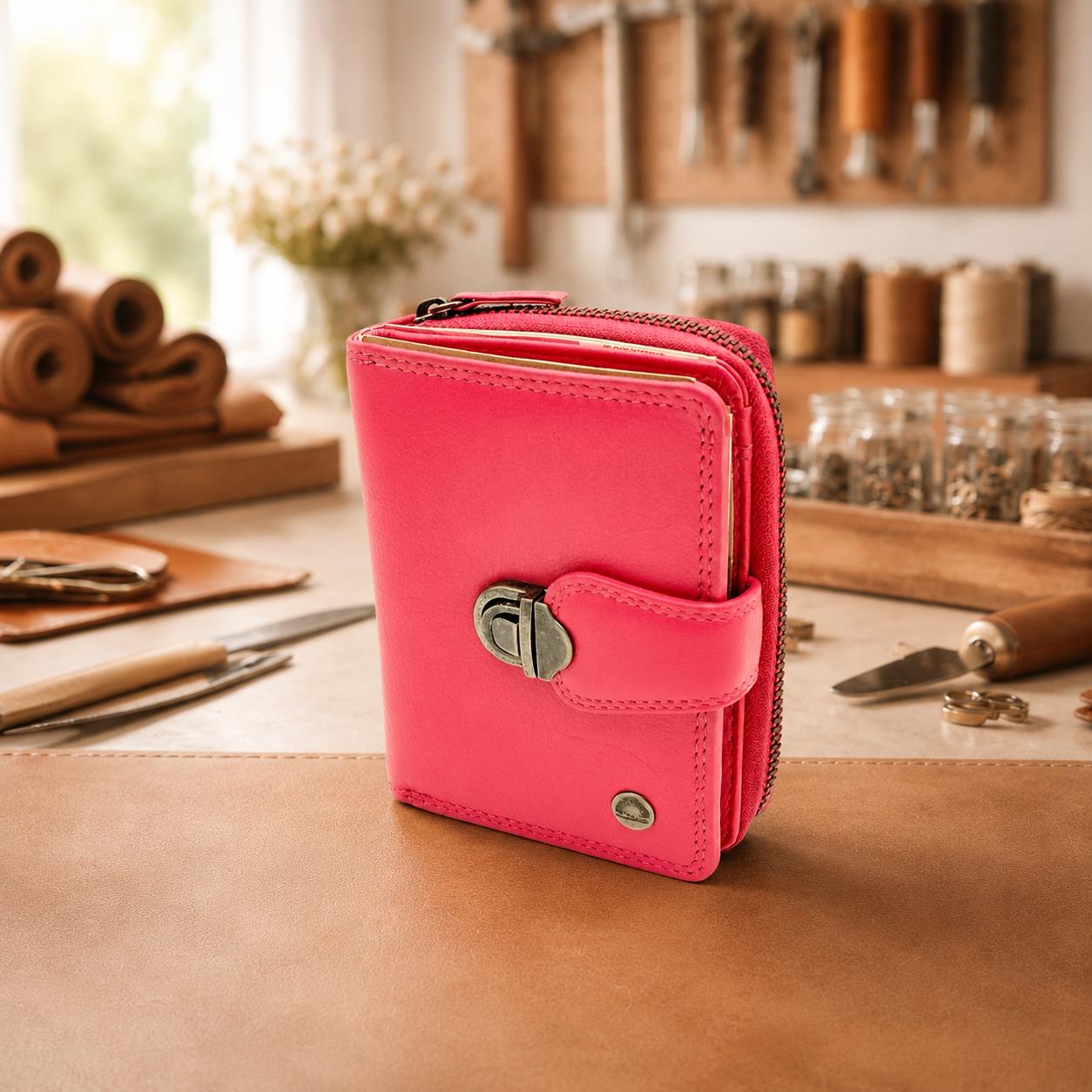 Greenburry Damen Geldbörse Leder fuchsia klein – Schlossbörse mit Kartenfächern, kompaktes Portemonnaie für Alltag & Tasche