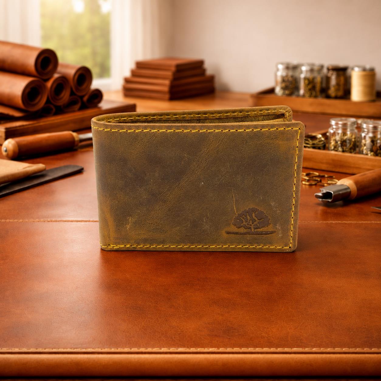 Mini Geldbörse Herren Leder klein – super flache Scheintasche im Vintage Look, Hosentaschen Portemonnaie antikbraun