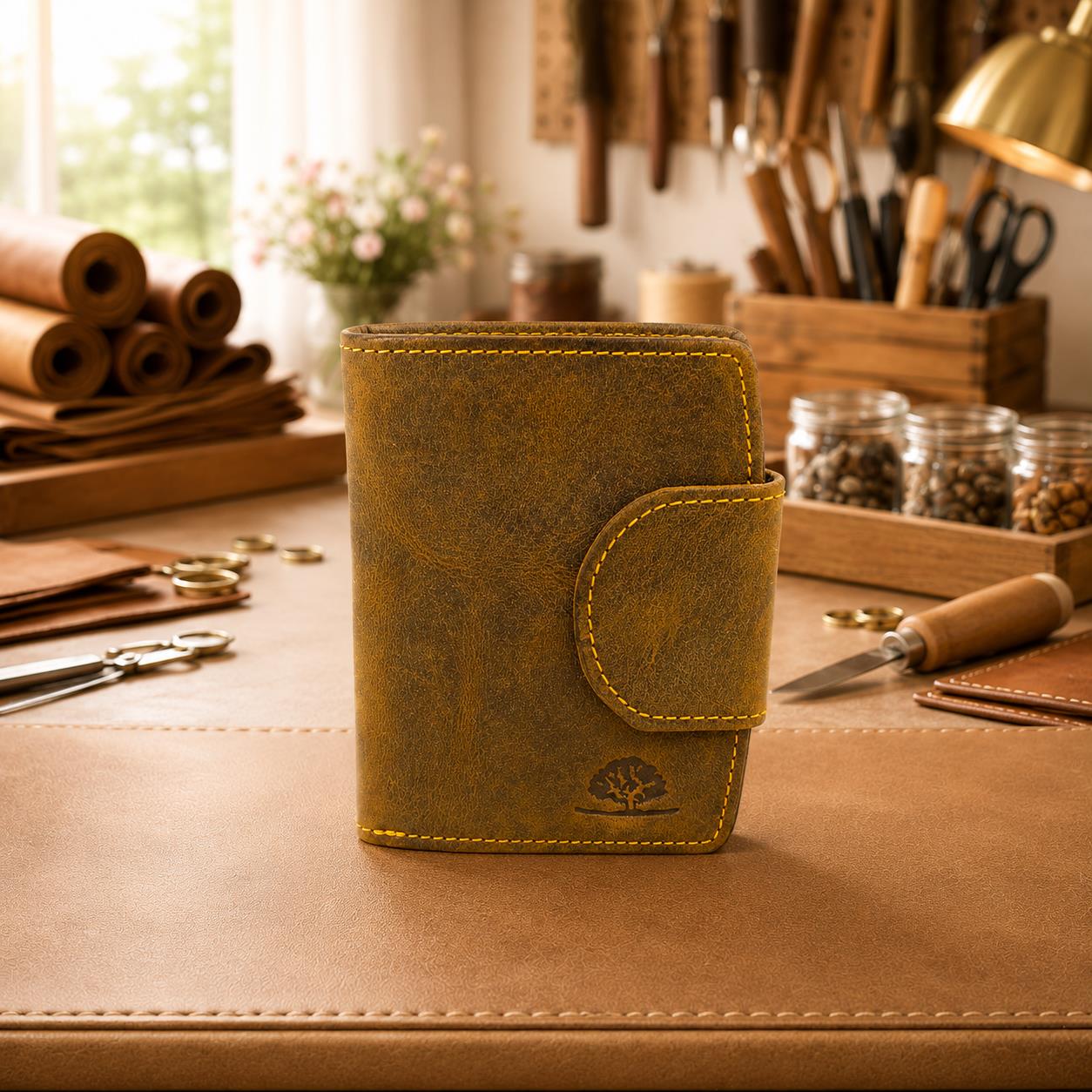 Damen Geldbörse Leder Vintage – Riegelbörse mit Kartenfächern, Sichtfenster & Münzfach aus Rindleder