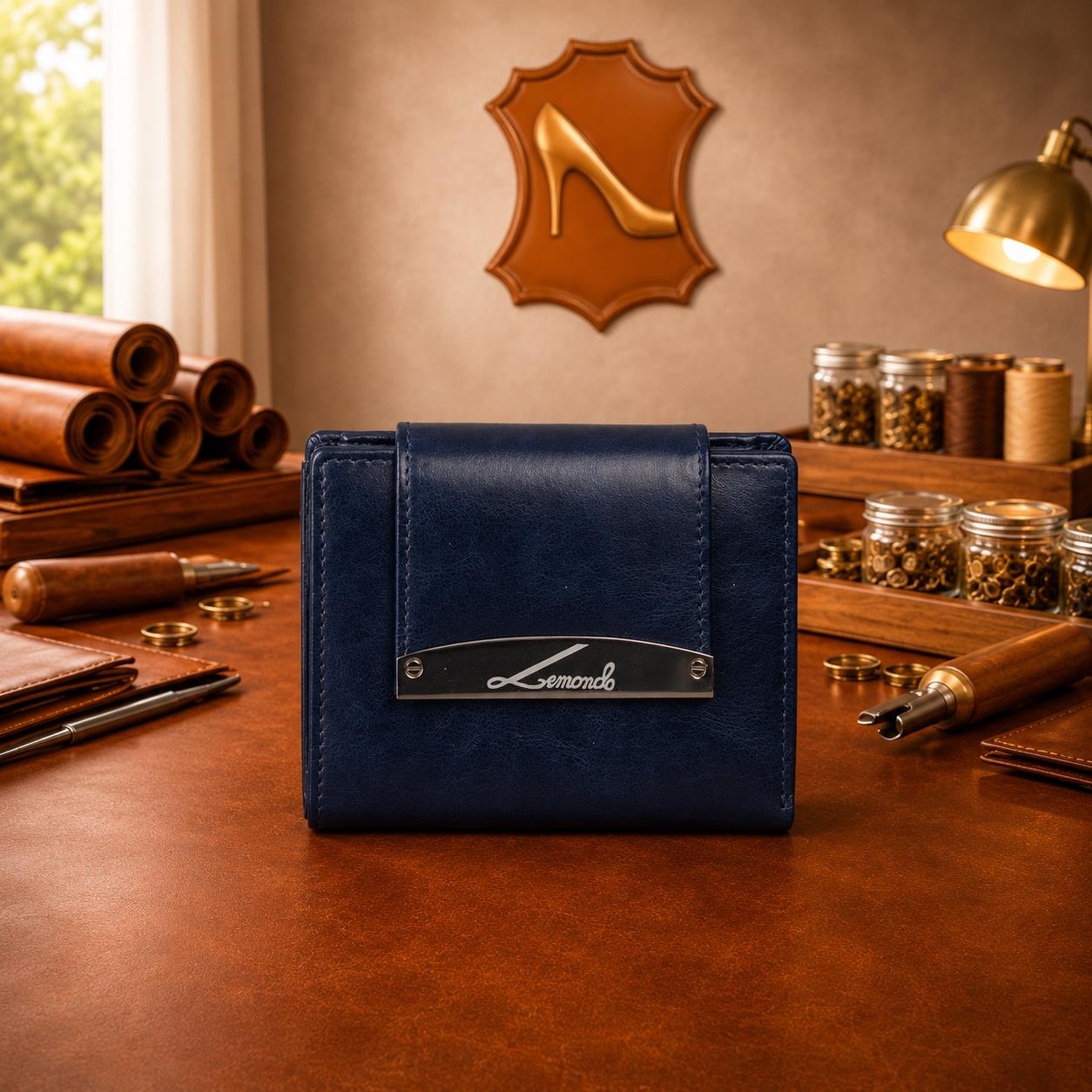 Schicke Geldbörse Damen Leder LEMONDO – blaues Portemonnaie mit Klappe