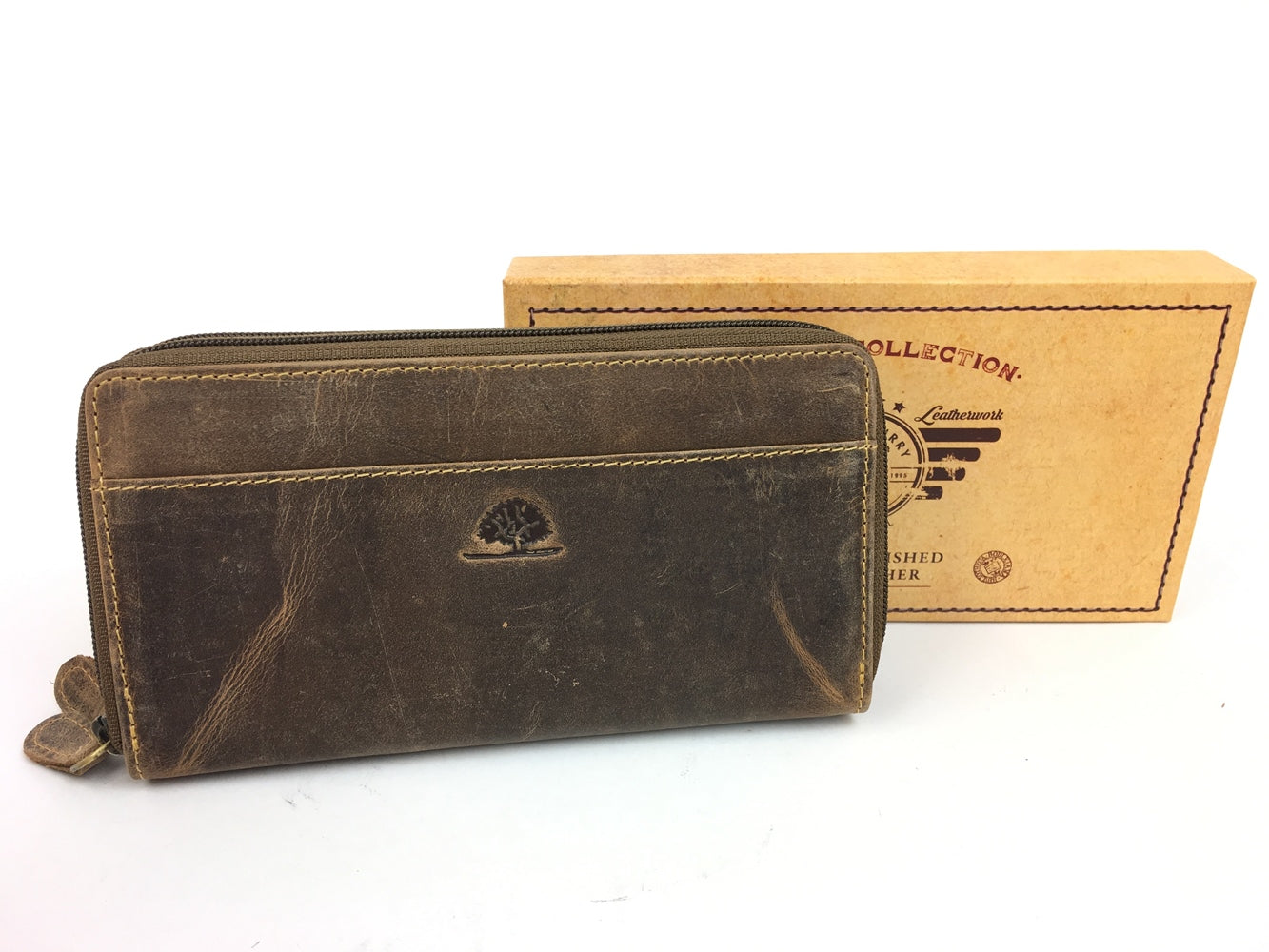 Damen Geldbörse Vintage Leder Doppel-Reißverschluss RFID-Schutz braun