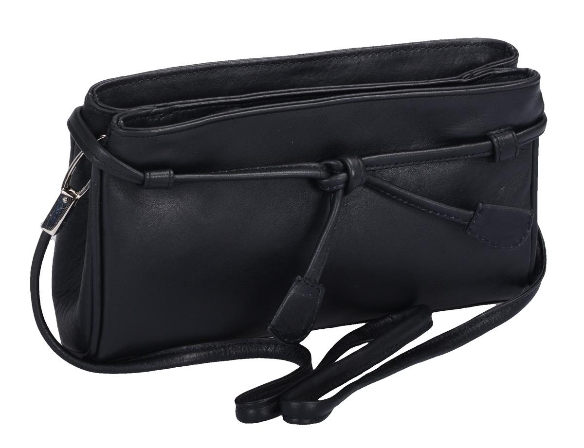 längliche schwarze Lederabendtasche, Clutch mit Zierknoten
