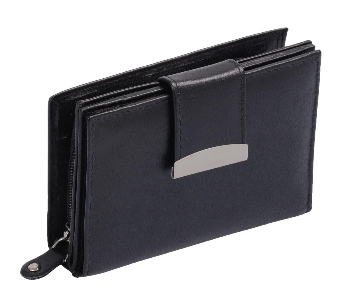 Damenreißverschlussbörse Leder, eckig mit Lasche, schwarz