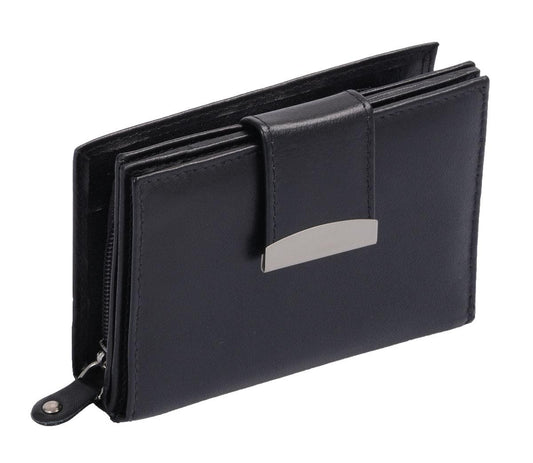 Damenreißverschlussbörse Leder, eckig mit Lasche, schwarz