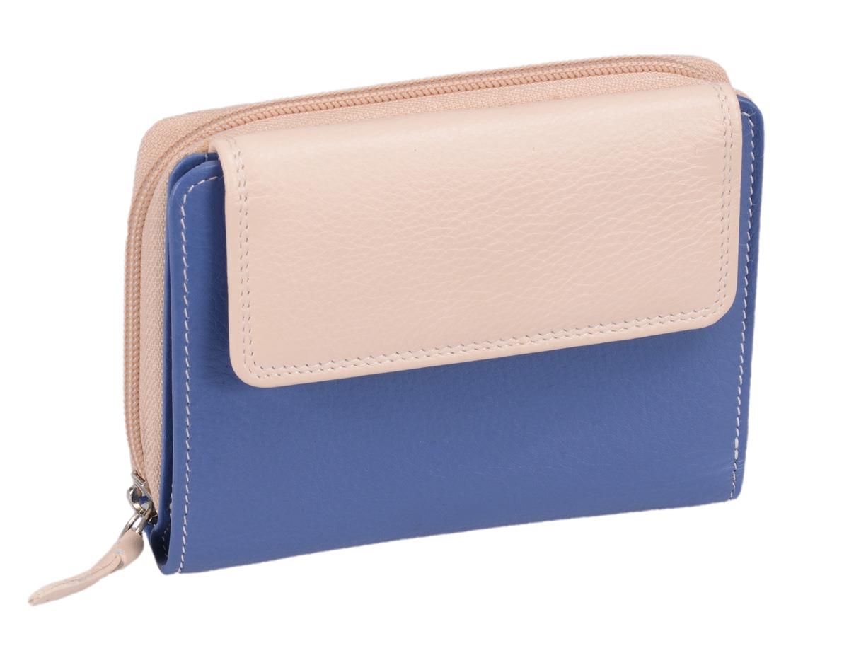 blau-beige Damenreißverschlussbörse, Leder