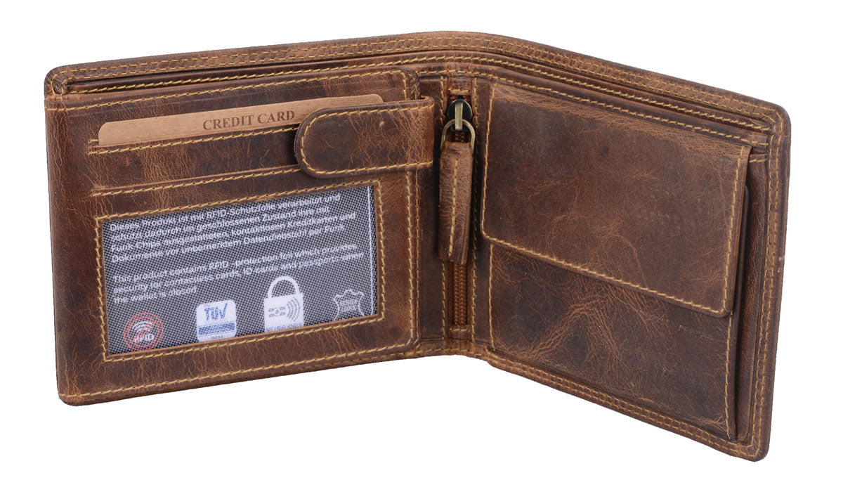AVANCO Echtleder-Scheintasche braun mit Lasche – viele Fächer & Riegel
