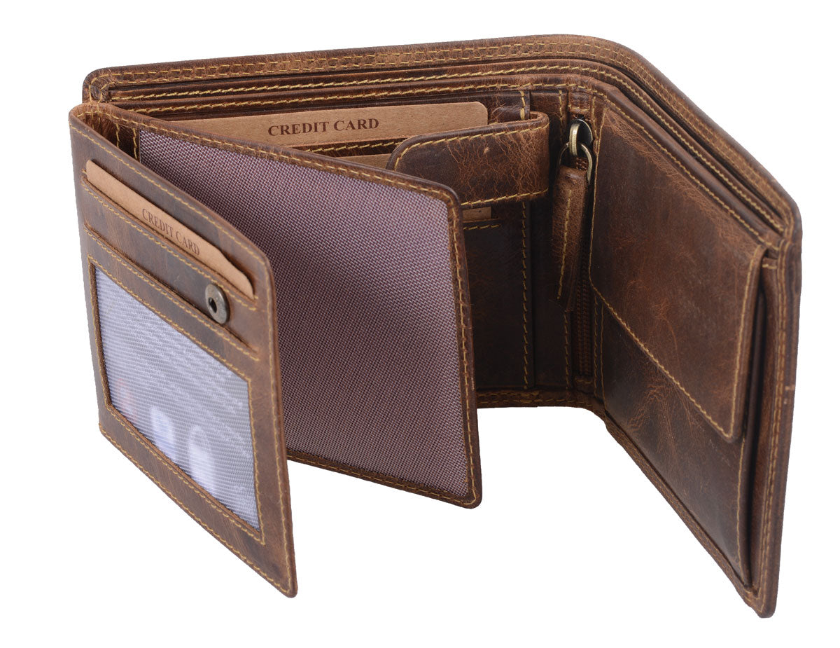 AVANCO Echtleder-Scheintasche braun mit Lasche – viele Fächer & Riegel