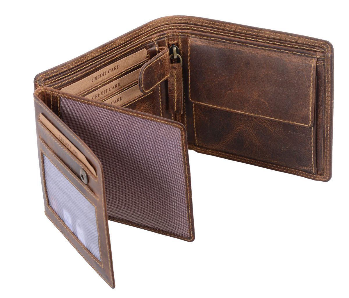 AVANCO Echtleder-Scheintasche braun mit Lasche – viele Fächer & Riegel