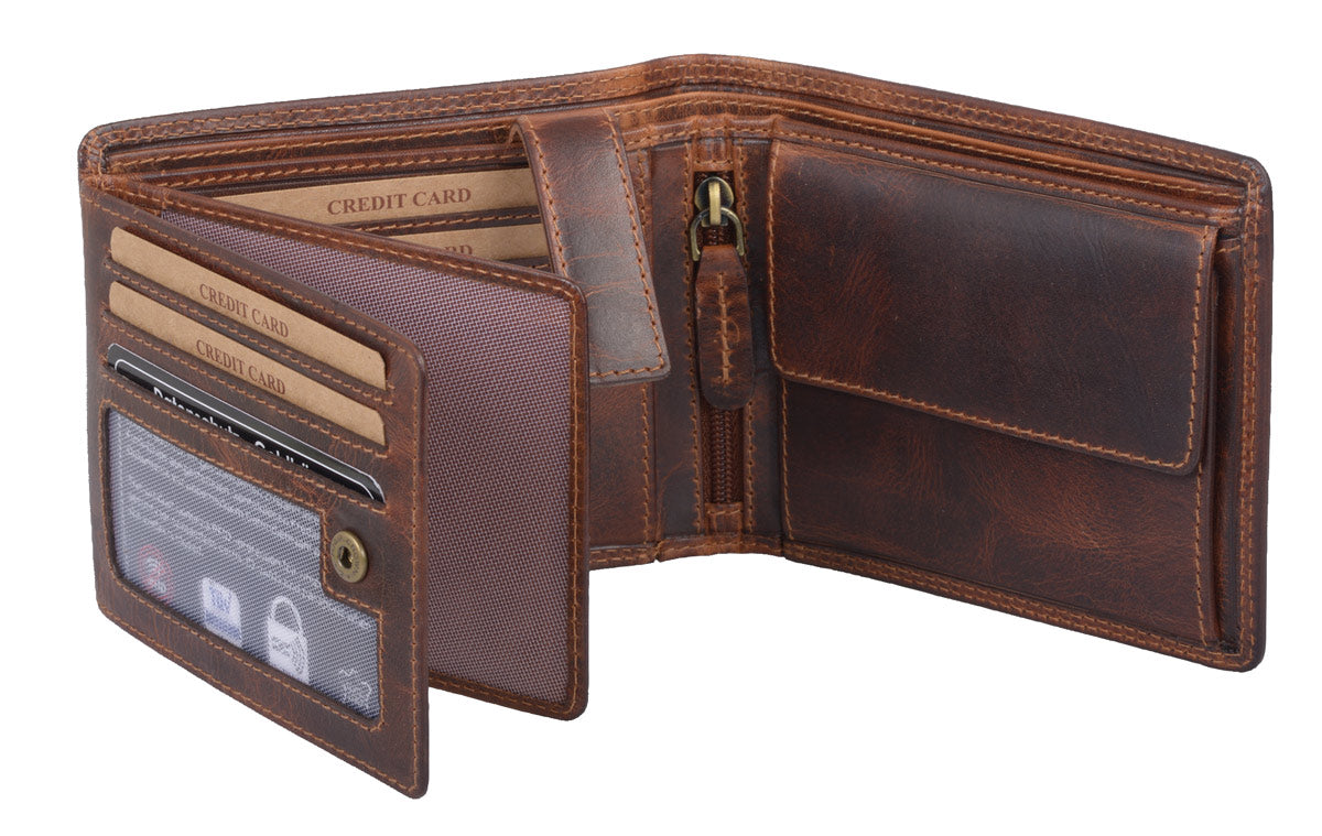 Braune Leder Herrenbörse im Querformat – kompakte Scheintasche mit RFID-Schutz