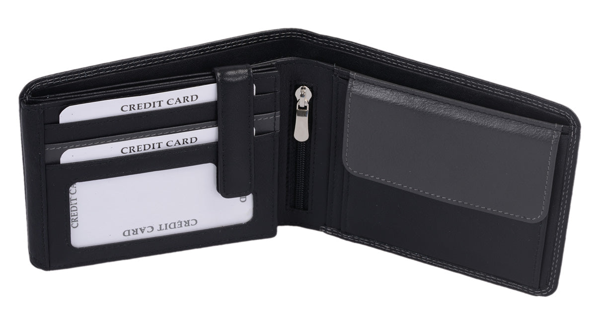 Herrenbörse Herren Geldbörse Leder querformat, schwarz/grau  12,5x9,5x2,5cm