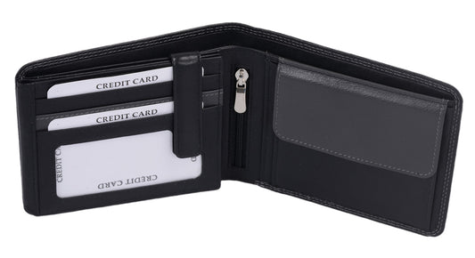 Herrenbörse Herren Geldbörse Leder querformat, schwarz/grau  12,5x9,5x2,5cm