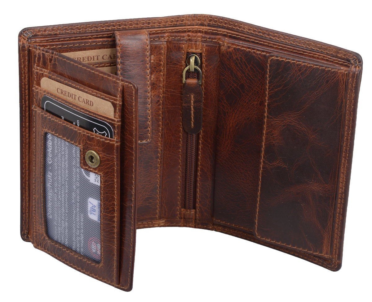 Braun schattierte Kombibörse aus Leder im Hochformat mit RFID-Schutz