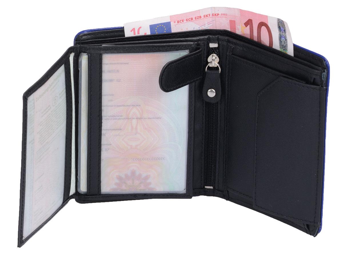 Herrenbörse Herren Geldbörse Leder Brieftasche Kombibörse , schwarz mit blauem Rand
