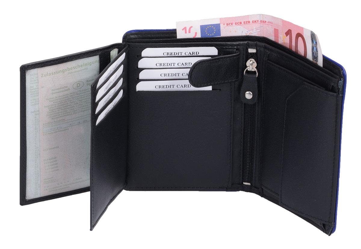 Herrenbörse Herren Geldbörse Leder Brieftasche Kombibörse , schwarz mit blauem Rand