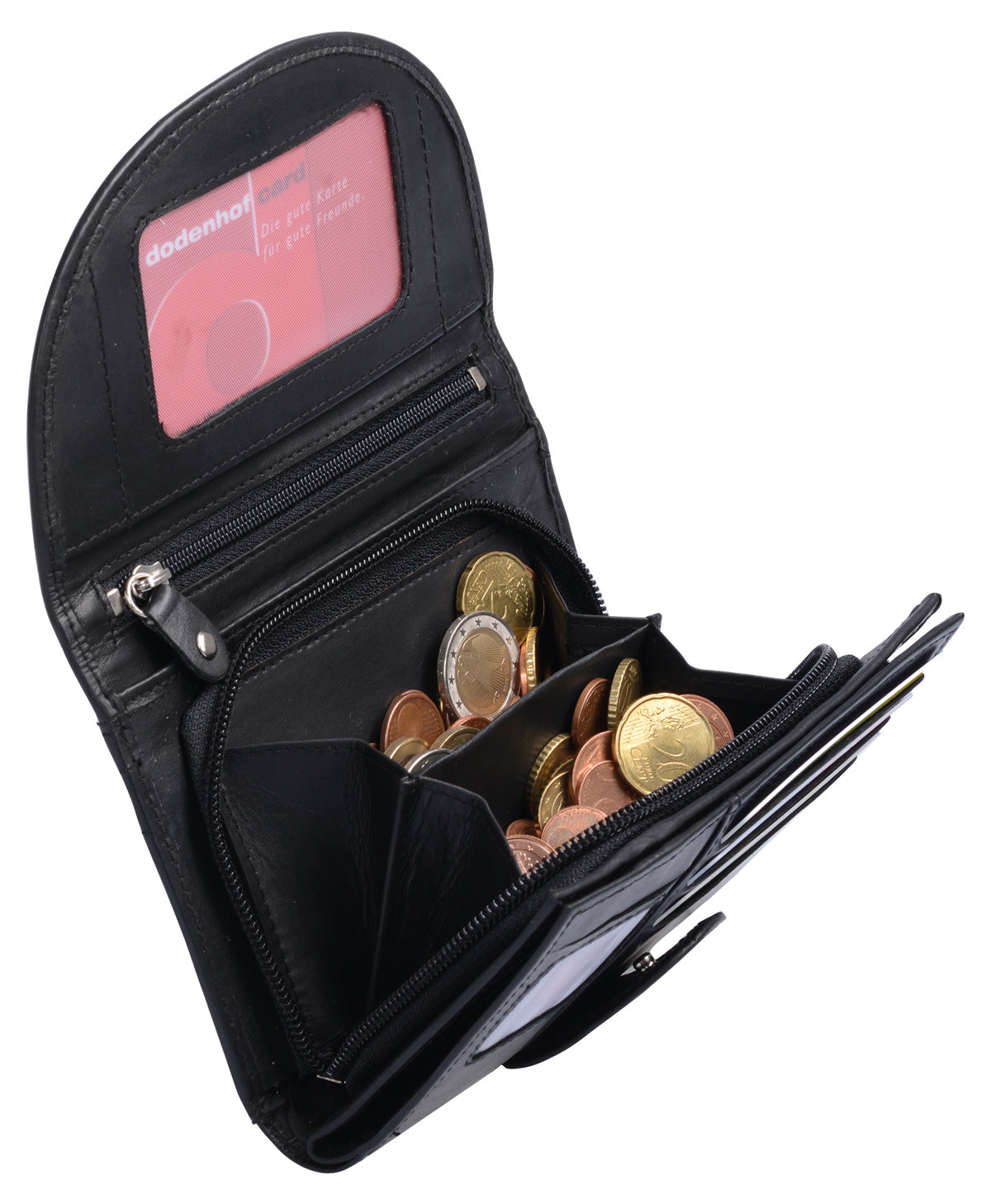 schwarze Lederbörse mit Klappe und Reißverschluss-Kleingeldfach