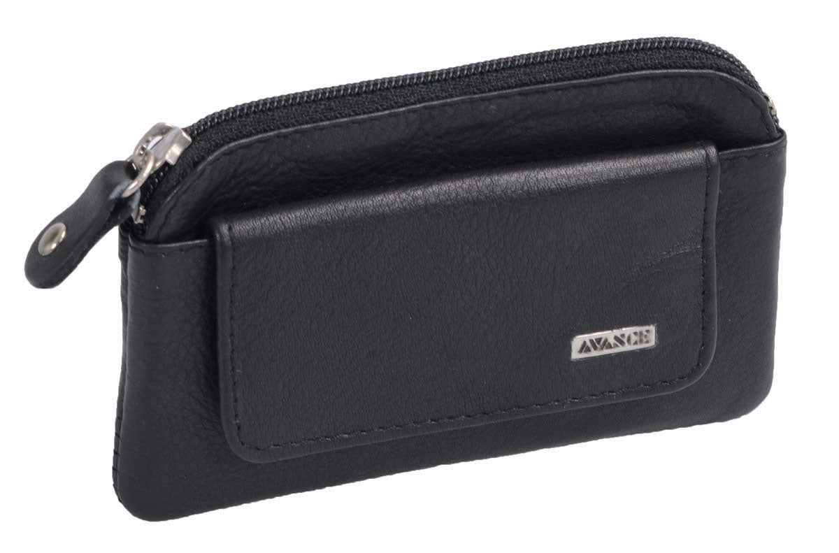 schwarze Lederschlüsseltasche mit 2 Schlüsselringen und Vortasche