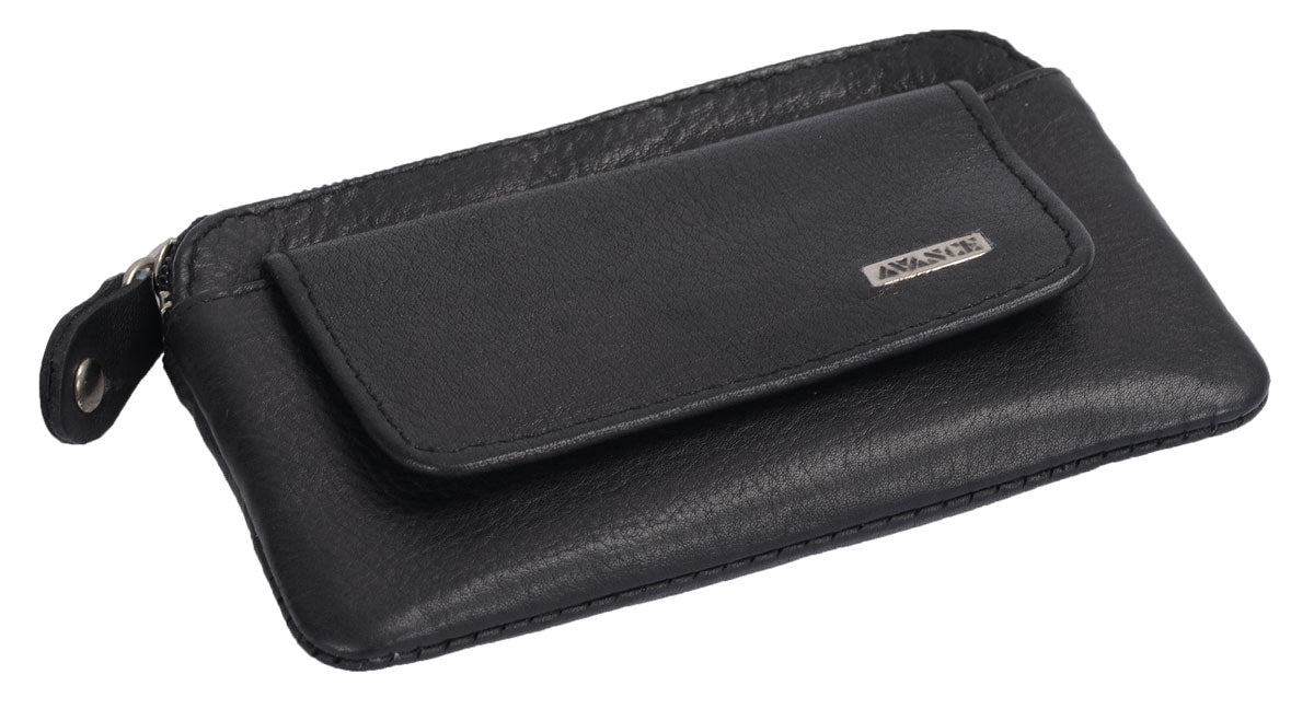 schwarze Lederschlüsseltasche mit 2 Schlüsselringen und Vortasche