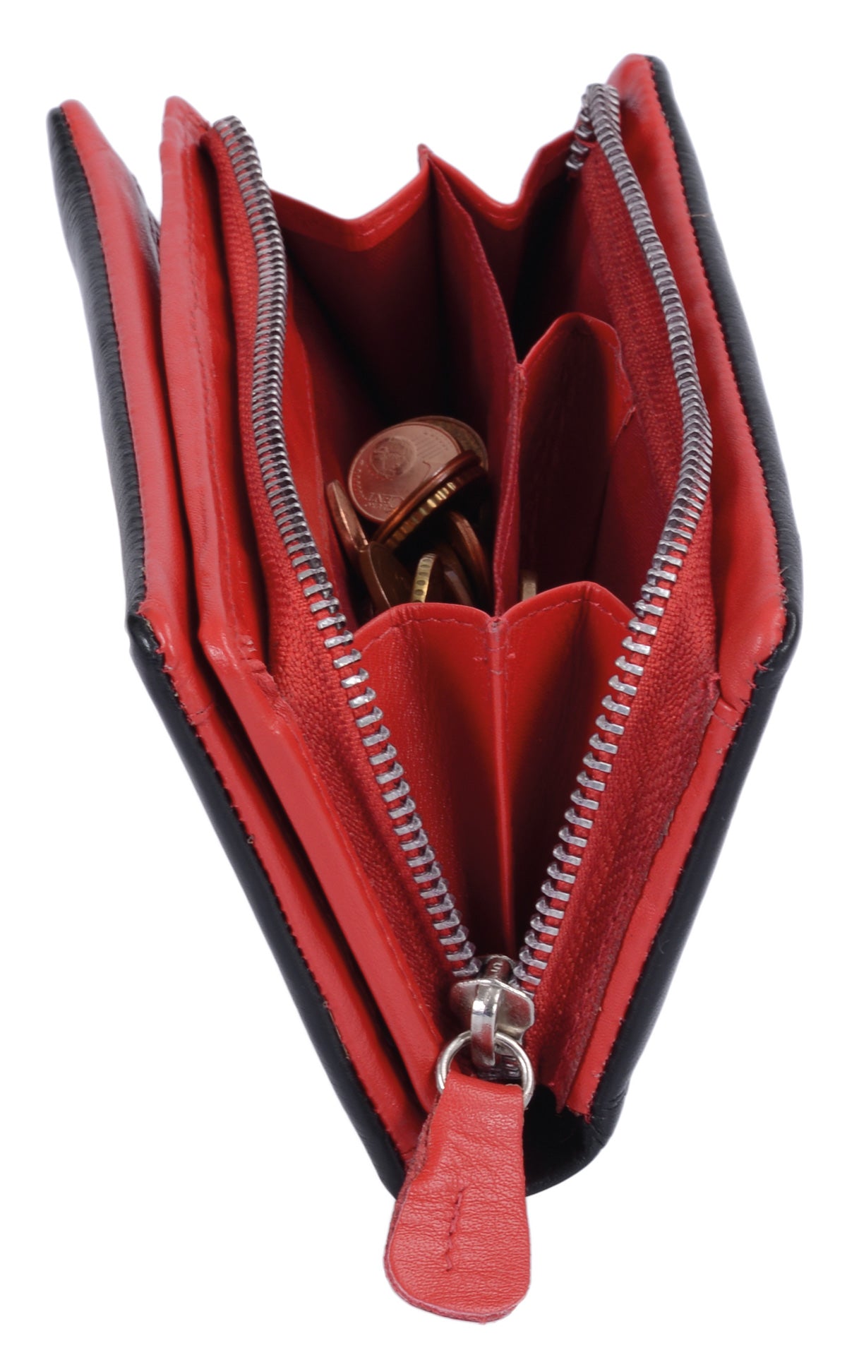 Kompakte Damenbörse aus Leder schwarz/rot – Portemonnaie mit Kartenfächern & Münzfach
