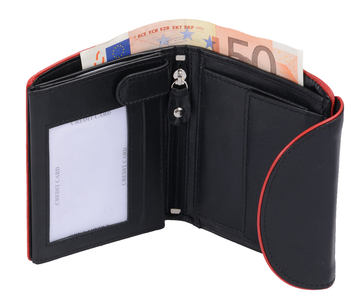 Wortmann' schw. Damen-Brieftasche, runde Klappe, roter Rand, LEDER