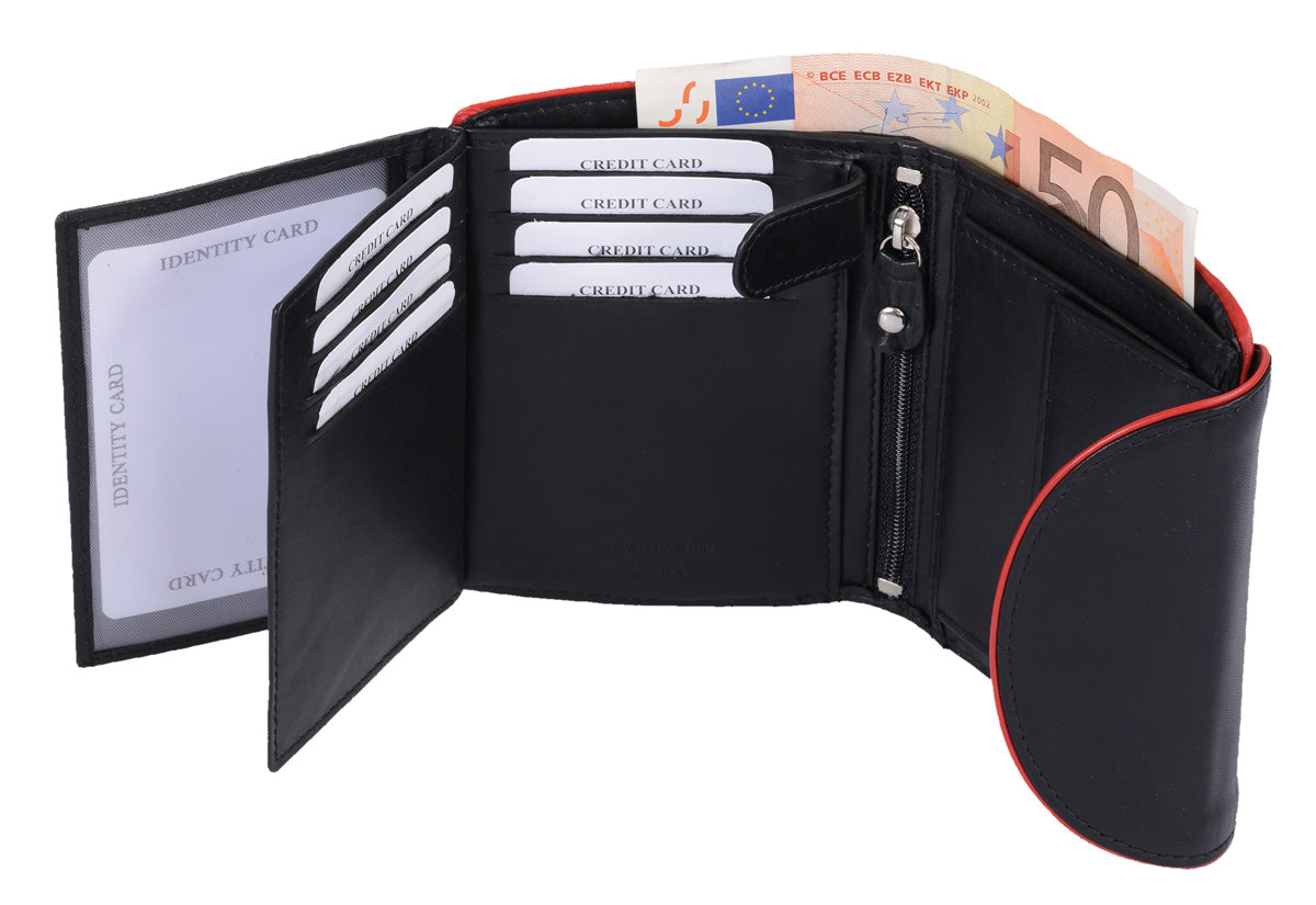 Wortmann' schw. Damen-Brieftasche, runde Klappe, roter Rand, LEDER