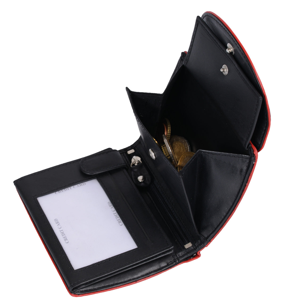 Wortmann' schw. Damen-Brieftasche, runde Klappe, roter Rand, LEDER