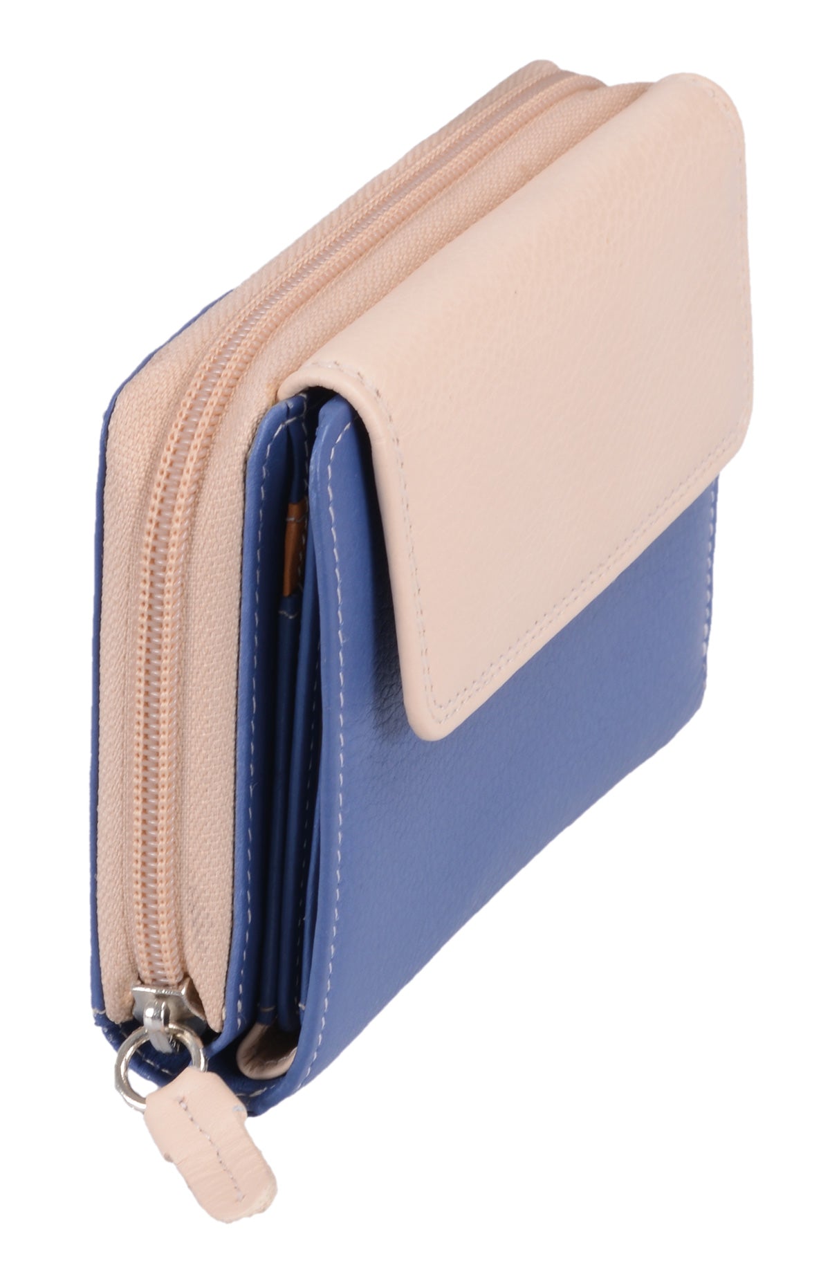 blau-beige Damenreißverschlussbörse, Leder