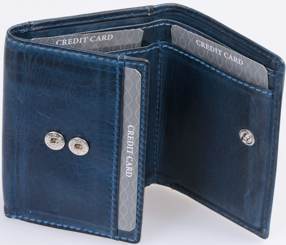 Minibörse Scheingröße, geflammtes Leder, blaue Hosentaschenbörse