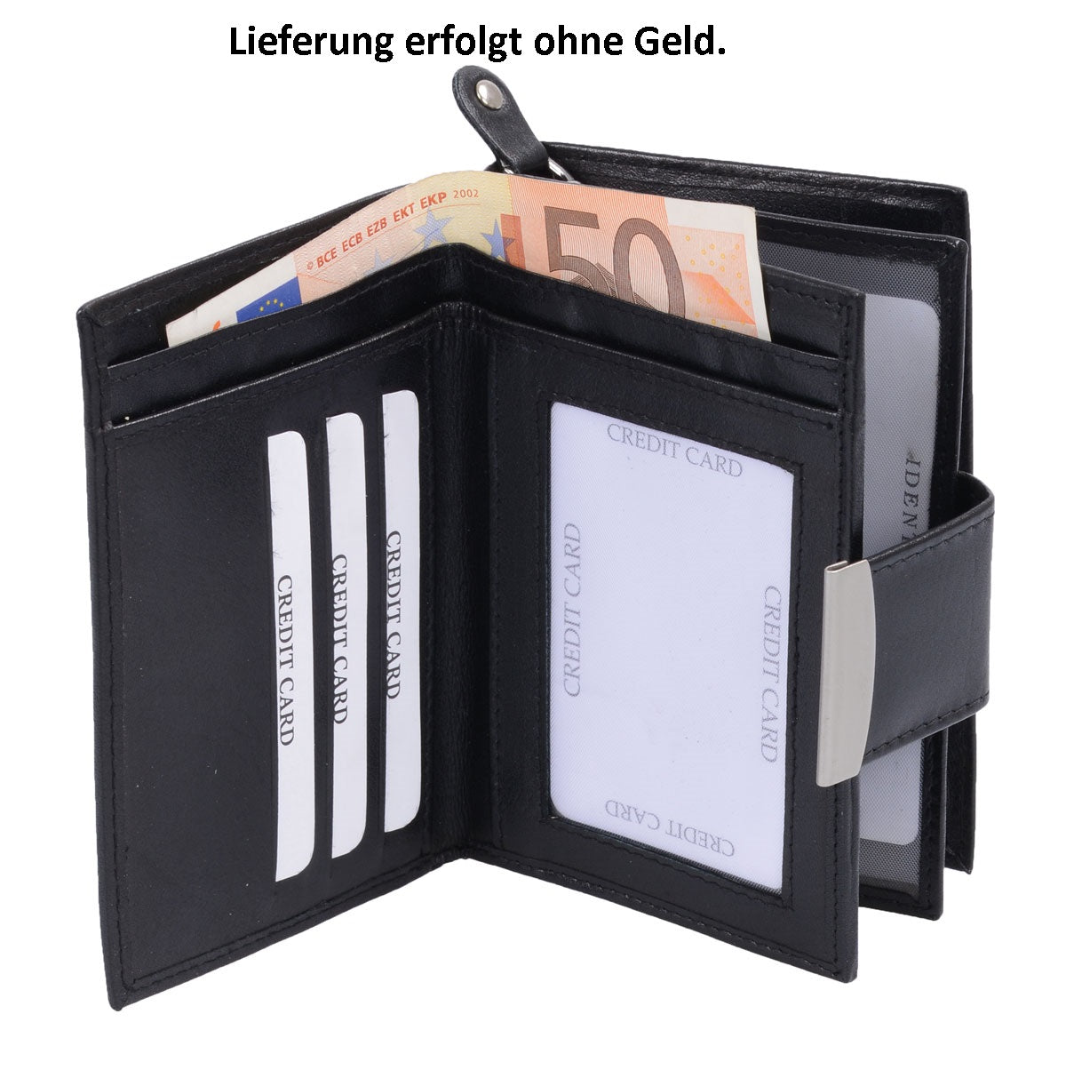 Damenreißverschlussbörse Leder, eckig mit Lasche, schwarz