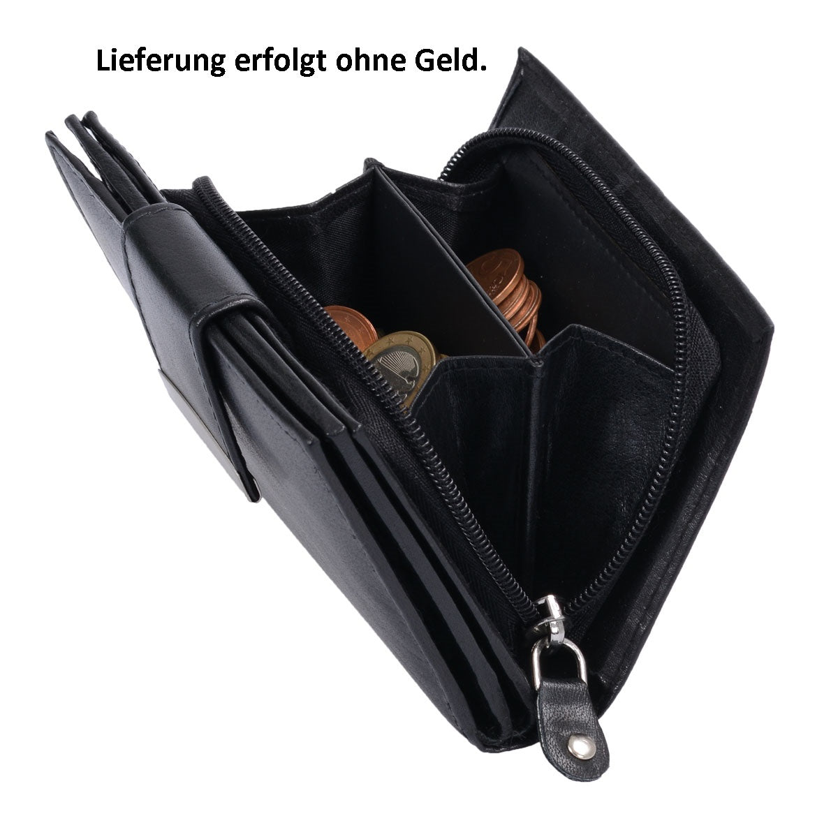 Damenreißverschlussbörse Leder, eckig mit Lasche, schwarz