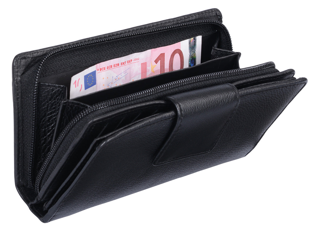 Schwarze Leder Damenlangbörse mit vielen Kartenfächern