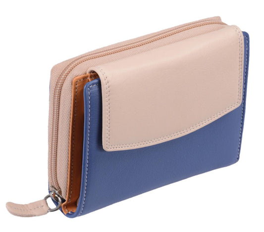 Damen Reißverschlussbörse aus Leder hellblau-beige von Lemondo