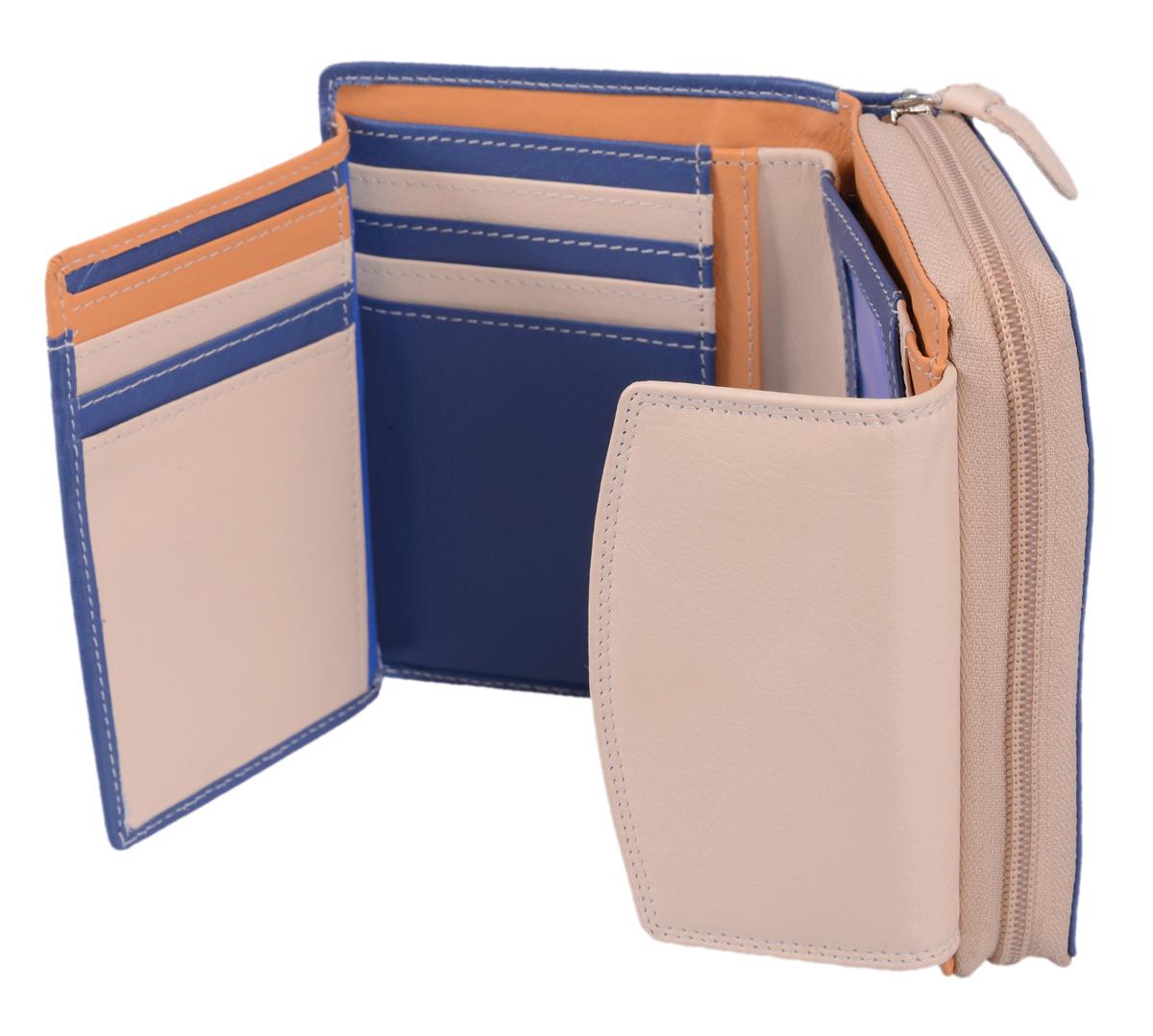 Damen Reißverschlussbörse aus Leder hellblau-beige von Lemondo