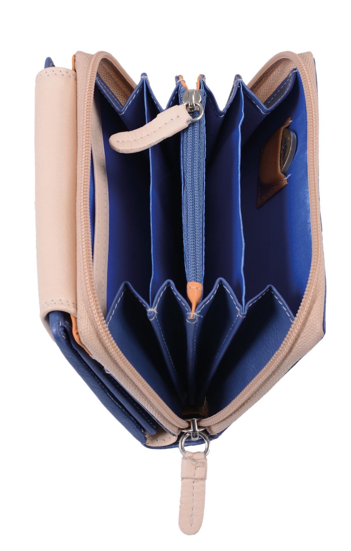 Damen Reißverschlussbörse aus Leder hellblau-beige von Lemondo