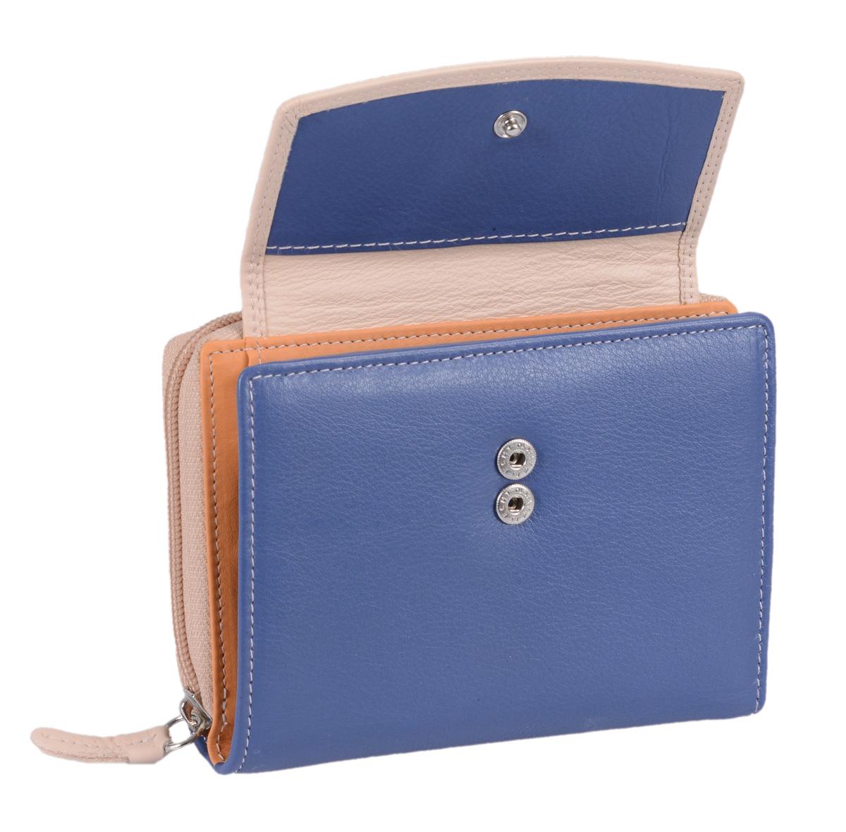 Damen Reißverschlussbörse aus Leder hellblau-beige von Lemondo