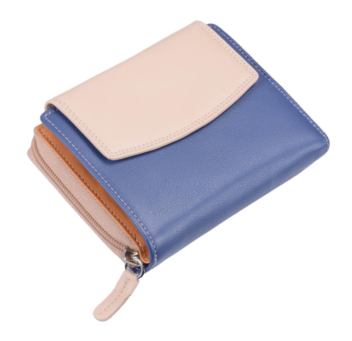 Damen Reißverschlussbörse aus Leder hellblau-beige von Lemondo