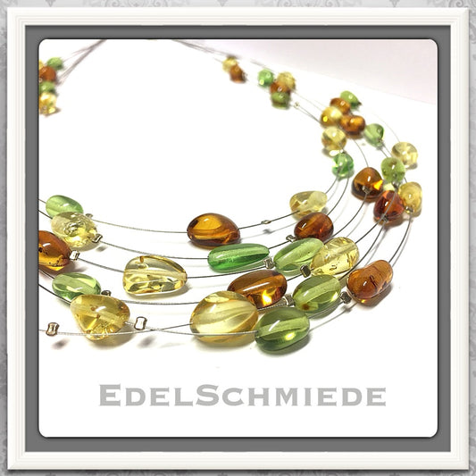 merhreihiges Collier multicolor Bernsteinen Verschluß 925 Silber 48 cm