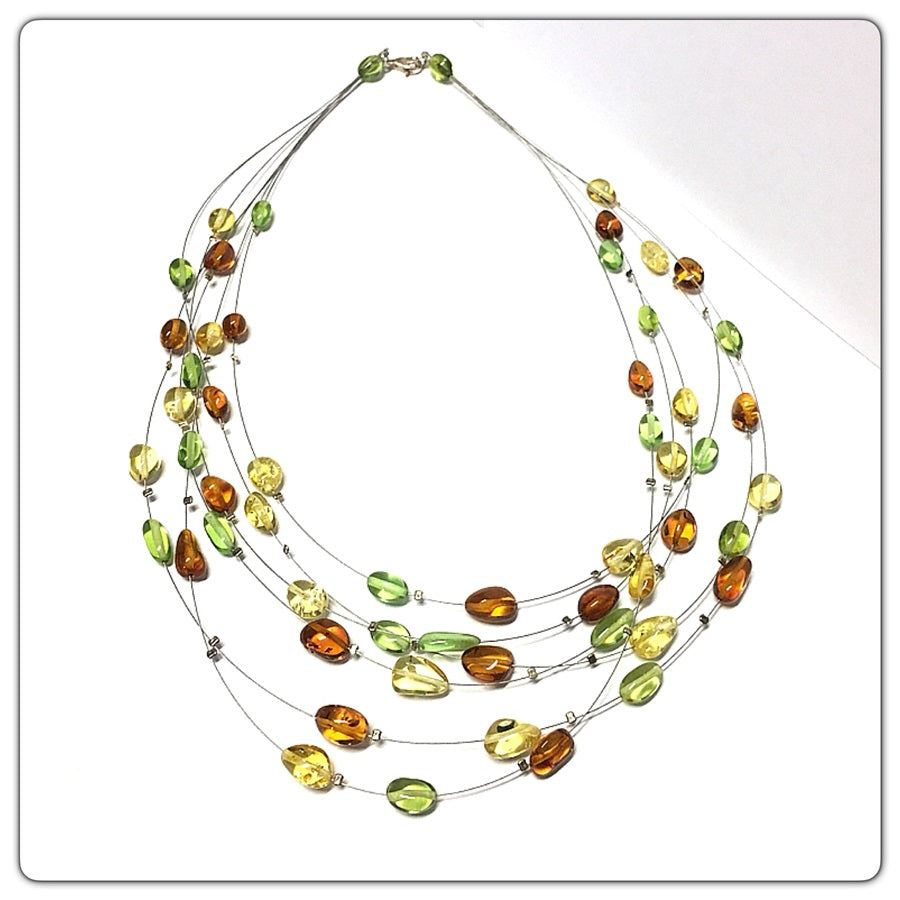 merhreihiges Collier multicolor Bernsteinen Verschluß 925 Silber 48 cm