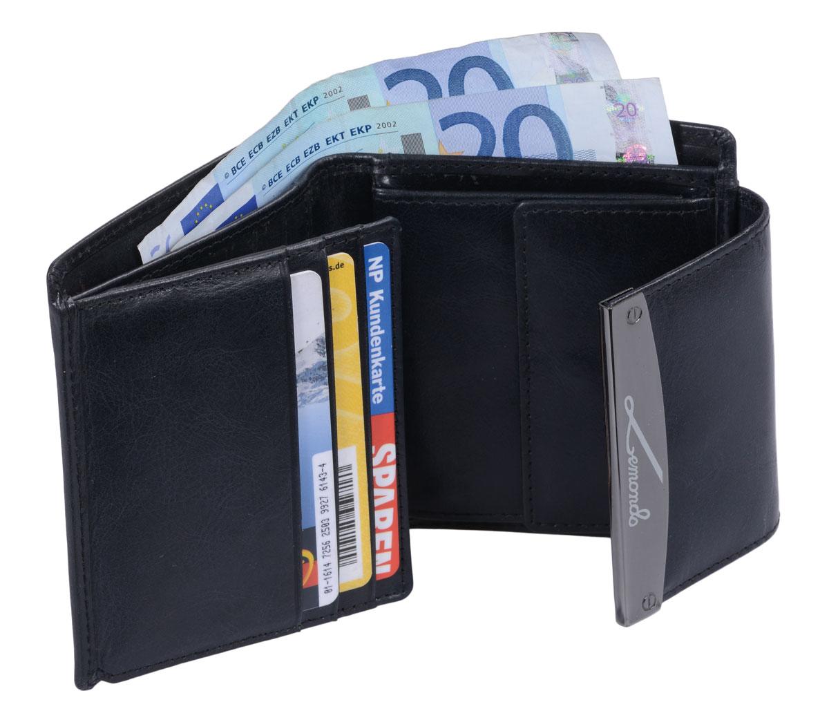 Damen Geldbörse Leder schwarz – kleine Lederbörse mit 7 Kartenfächern & Sichtfach, kompaktes Portemonnaie