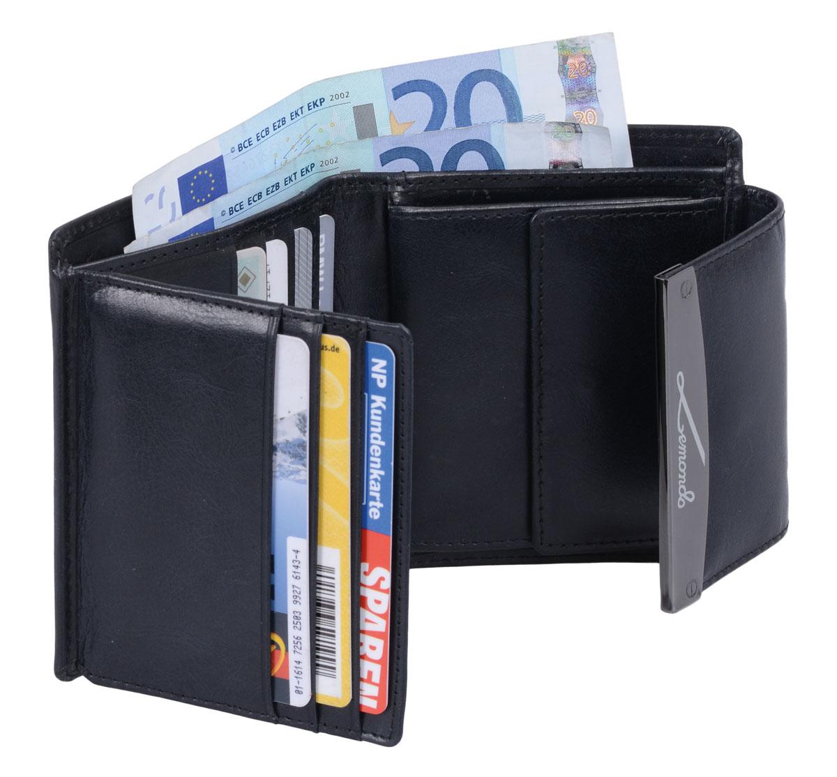 Damen Geldbörse Leder schwarz – kleine Lederbörse mit 7 Kartenfächern & Sichtfach, kompaktes Portemonnaie