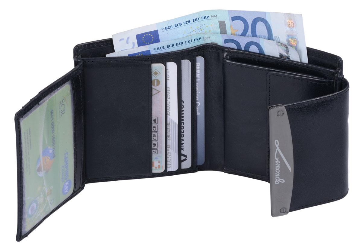 Damen Geldbörse Leder schwarz – kleine Lederbörse mit 7 Kartenfächern & Sichtfach, kompaktes Portemonnaie
