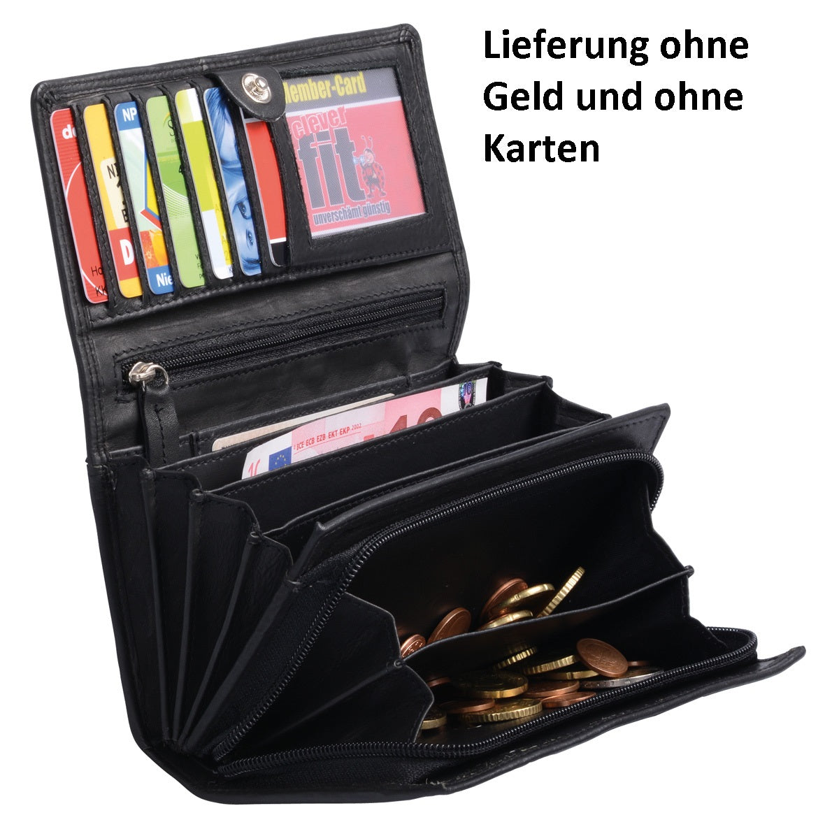 Damenlangbörse Leder mit Klappe, Reißverschlusskleingeldfach, schw