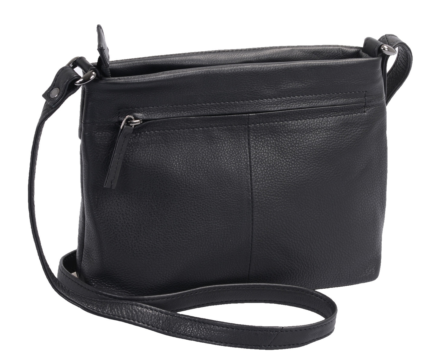 Schwarze Ledertasche mit Reißverschlussfach und Schultergurt