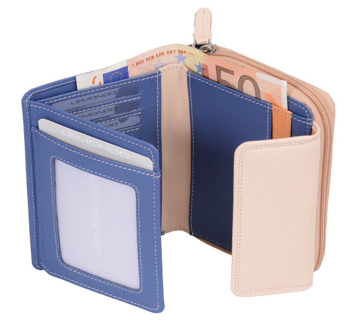 blau-beige Damenreißverschlussbörse, Leder